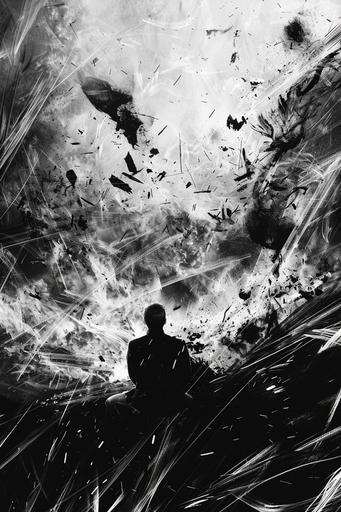 black and white comic book art style, apocalypse desolation at the end of the world as everything comes apart, black, environment, 8k, --ar 2:3