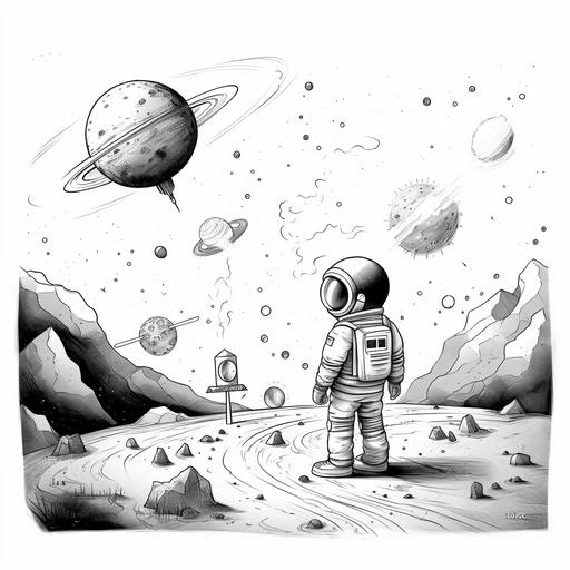 black and white contrast art minimal detail line art solid color cartoon kid drawing messy crayon astronaunt in space with planets and coments and asteroids