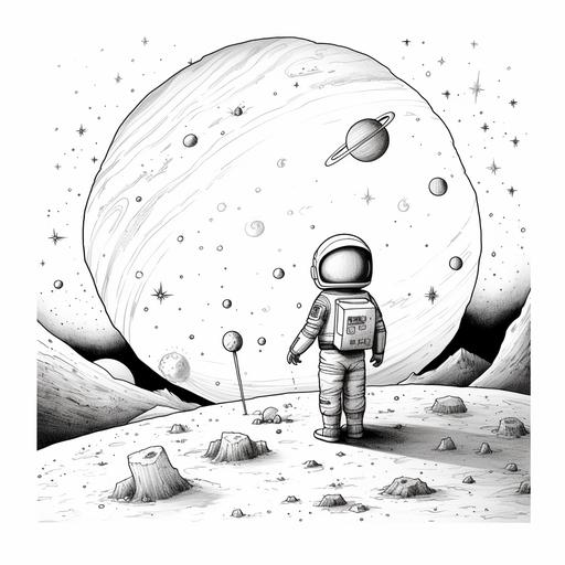 black and white contrast art minimal detail line art solid color cartoon kid drawing messy crayon astronaunt in space with planets and coments and asteroids