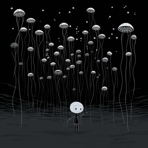 black and white contrast art minimal detail line art solid color cartoon kid drawing skeleton underwater swimming with jellyfish art