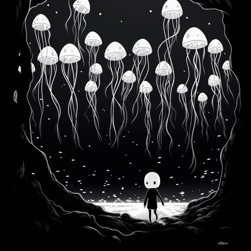 black and white contrast art minimal detail line art solid color cartoon kid drawing skeleton underwater swimming with jellyfish art