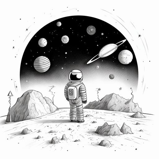 black and white contrast art minimal detail line art solid color cartoon kid drawing messy crayon astronaunt in space with planets and coments and asteroids