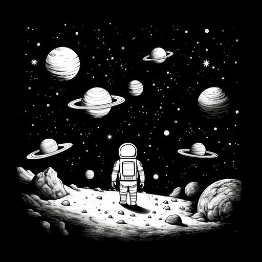 black and white contrast art minimal detail line art solid color cartoon kid drawing messy crayon astronaunt in space with planets and coments and asteroids