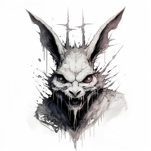 black and white demonic rabbit sketch --style raw