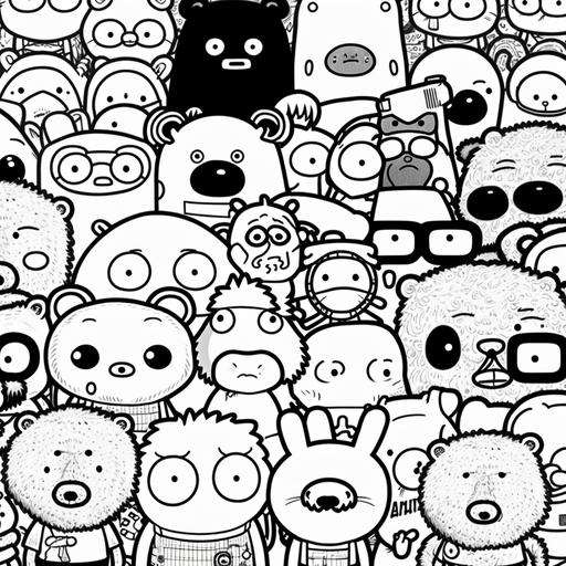 black and white digital art, full page of doodle bears in rick and morty style - coloring page for adults, outlined art, line art, coloring book