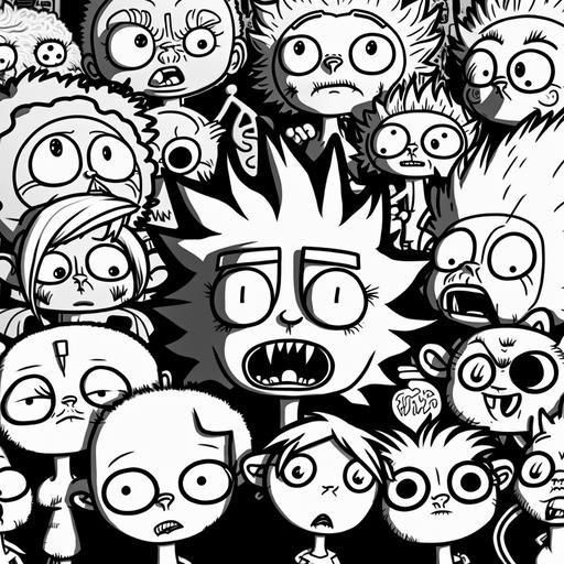 black and white digital art, full page of doodle lions in rick and morty style - coloring page for adults, outlined art, line art, coloring book