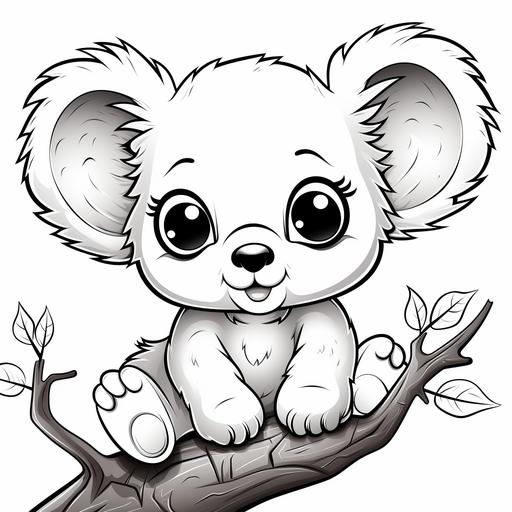 black and white digital art, kawaii anime style baby Koalas – Cute eyes, climbing the tree, realistic, outlined art, line art, childer coloring book no border,clean coloring book page, No dither, no gradient, strong outline, No fill, No solids, vector illustration--ar 9:11