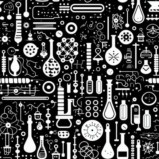 black and white doddle art with only flasks, beakers, graduated cylinders, test tubes, lewis dot diagrams, and vsper molecules --tile