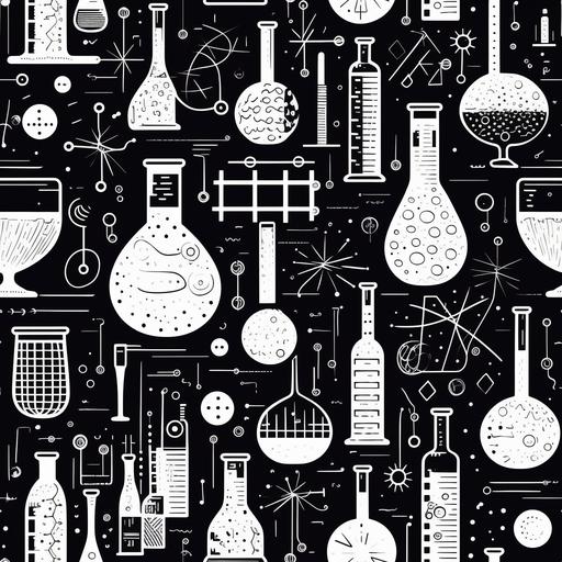 black and white doddle art with only flasks, beakers, graduated cylinders, test tubes, lewis dot diagrams, and vsper molecules --tile