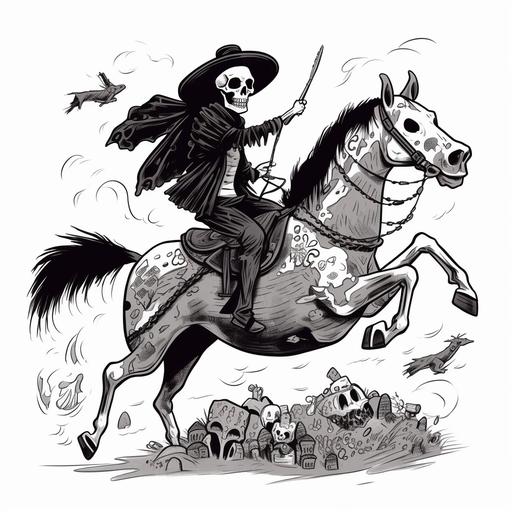 black and white drawing in the style of McBess of Death in a hoody riding a skeletal horse, funny