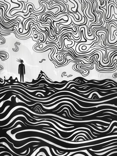 black and white drawing of a person in the waves, in the style of rhythmic linear patterns, dreamlike illustration, paper cut-outs, pensive stillness, flowing silhouettes, meditative color contrasts, intricate illustrations --ar 3:4