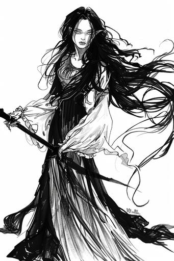 black and white drawing of an elf woman turned evil witch, very long black hair floating in the wind, her face is magnificently cruel, her eyes are amber-colored, she wears a long transparent dress and holds a terrifying black dagger in her hand --ar 2:3 --v 6.0