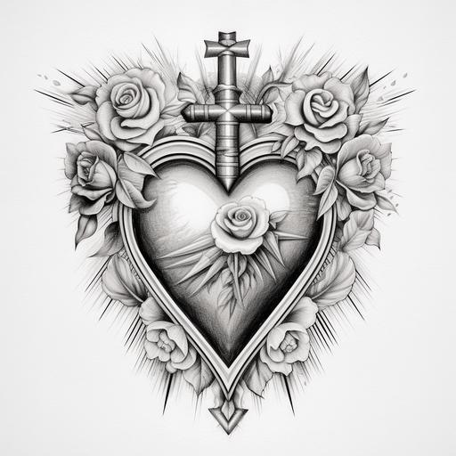 black and white drawing of the holy heart with the cross, in the style of vintage-inspired designs, ambient occlusion, bloomcore, flowerpunk, chicano-inspired, tattoo-style art reimagined religious art graphite sketches