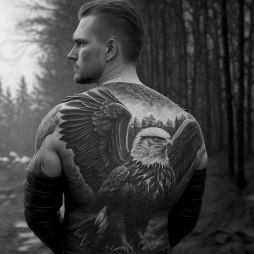 black and white eagle tattoo on the guy's back, the guy's full figure