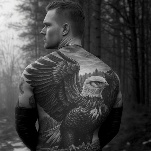 black and white eagle tattoo on the guy's back, the guy's full figure