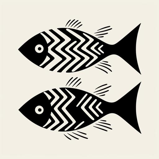 black and white, flat vector, two curved fish swimming opposite ways, wave, triangle, rounded corners, symetrical, thick, bold lines, minimal, by Paul Rand