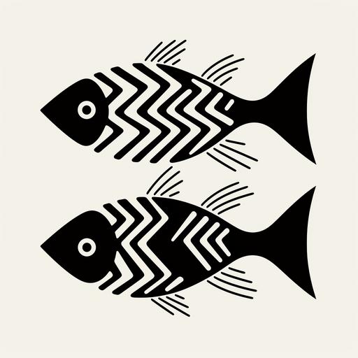 black and white, flat vector, two curved fish swimming opposite ways, wave, triangle, rounded corners, symetrical, thick, bold lines, minimal, by Paul Rand