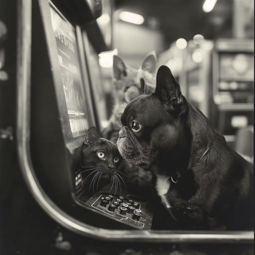 black and white french bulldog and cats playing video games together in an arcade --v 6.0