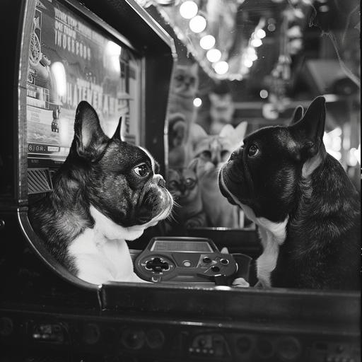 black and white french bulldog and cats playing video games together in an arcade