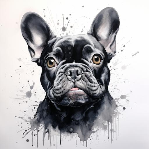 black and white, french bulldog, water color,