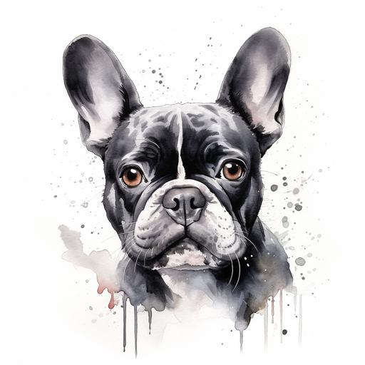 black and white, french bulldog, water color,