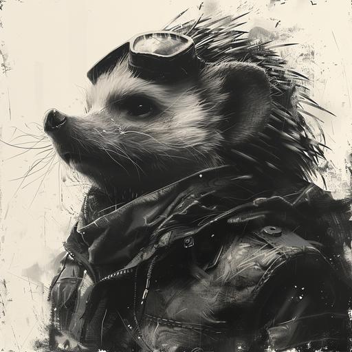 black and white high contrast charcoal sketch of hedgehog pathfinder explorer character with long quills for hair on his head --s 750