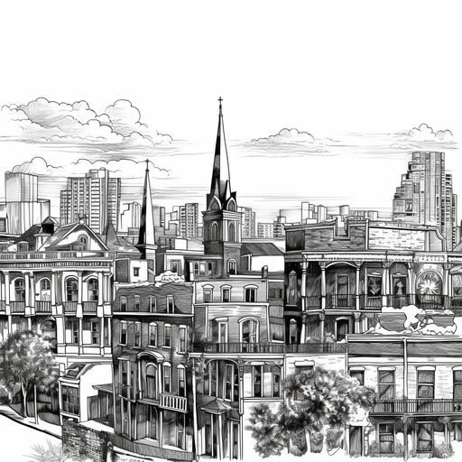 black and white high contrast vector pen and ink style drawing of a new orleans cityscape with a white background --s 750 --q 2