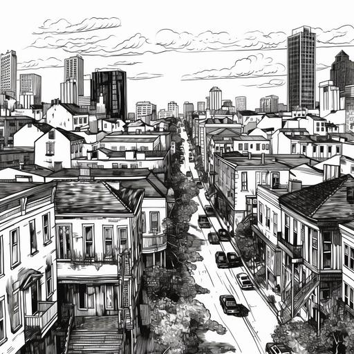 black and white high contrast vector pen and ink style drawing of a new orleans cityscape with a white background --s 750 --q 2