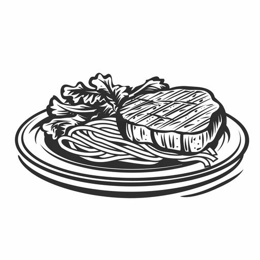 black and white illustration of a steak, salad and pasta in a plate icon style vector thick bold lines simple line high definition no details minimalistic