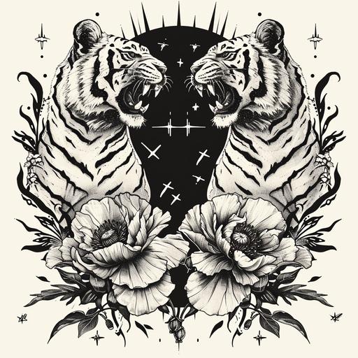 black and white illustration of traditional Japanese mirrored tigers with poppy flowers behind them, ornate tattoo style stars decorating the canvas, white background, thin lines, traditional Japanese tattoo design, tee shirt design, feminine --v 6.0