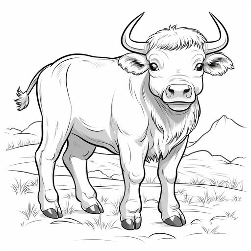 black and white image for kids color book, cartoon style baby buffalo limited background, no shading, low detail, thick lines ar 9:11