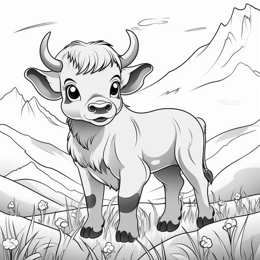 black and white image for kids color book, cartoon style baby buffalo limited background, no shading, low detail, thick lines ar 9:11