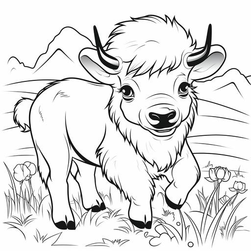 black and white image for kids color book, cartoon style baby buffalo limited background, no shading, low detail, thick lines ar 9:11