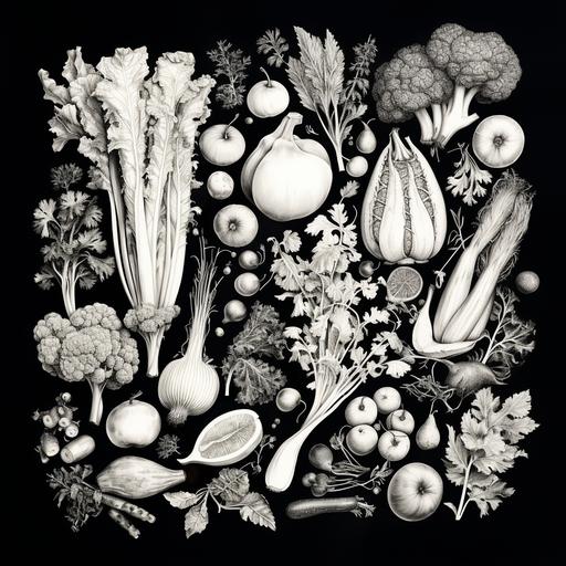 black and white image, knolling of vegetables and fruits big and small, dry pincel drawn