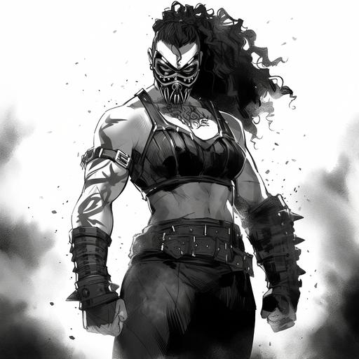 black and white ink full body character design by Tim Bradstreet, masked rebel survivor, super villain, gorilla style mask, muscles, mad max mood, tough woman, long curly wild hair, body piercing, junk armor, high heels boots --niji 5