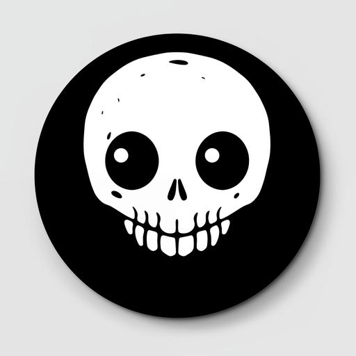 black and white kawaii style cartoon skull on black circle on white background
