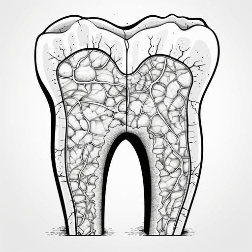 black and white kid friendly 2d illustration of a tooth crossection, cartoon style