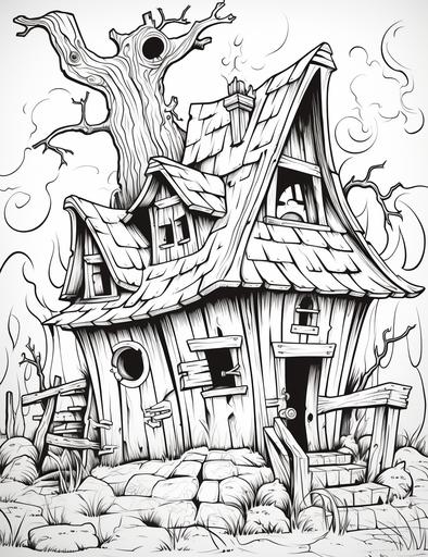 black and white kids coloring page, witch hut, broken roof, smoking chimney, spooky background, thick lines, low detail, black and white, no shading --ar 85:110