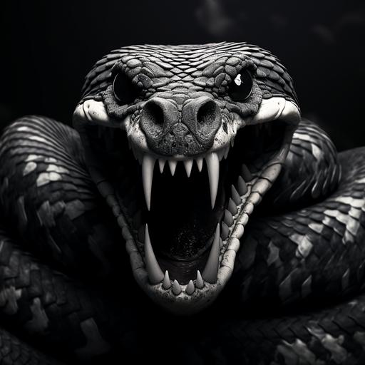 black and white king cobra curled up fangs out with super wide hood and head and deadly eyes