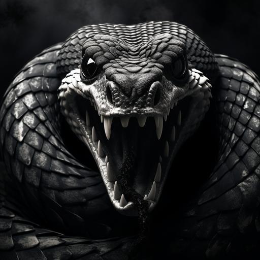 black and white king cobra curled up fangs out with super wide hood and head and deadly eyes