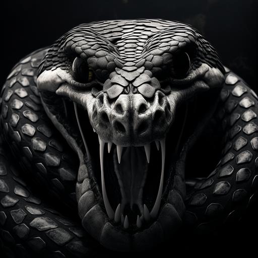 black and white king cobra curled up fangs out with super wide hood and head and deadly eyes