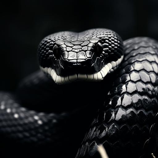 black and white king cobra curled up fangs out with super wide hood and head and deadly eyes