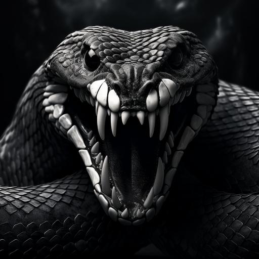 black and white king cobra curled up fangs out with super wide hood and head and deadly eyes