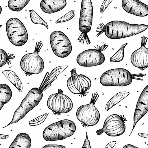 black and white line art of potatoes and carrots and onions scattered in a repeating pattern on a white background --tile