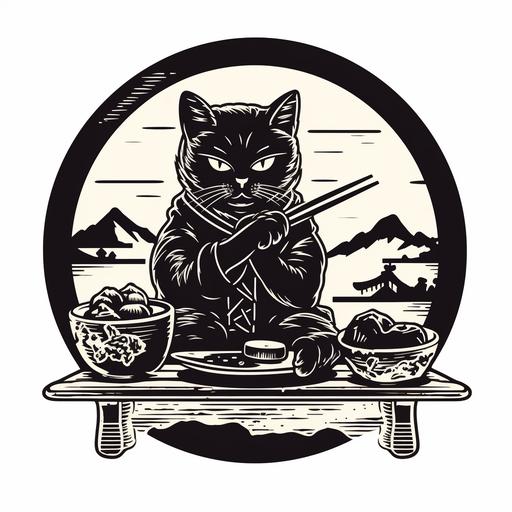 black and white linocut Logo of black cat eating japanese food with chopsticks