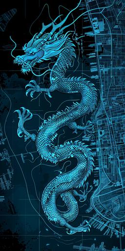 black and white map of New York in shape of a blue dragon , high contrast, high resolution, hyper detailed, black background, map lines, city streets --ar 1:2