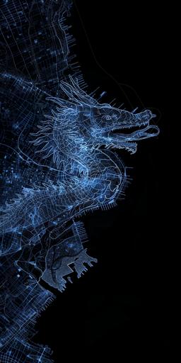 black and white map of New York in shape of a blue dragon , high contrast, high resolution, hyper detailed, black background, map lines, city streets --ar 1:2