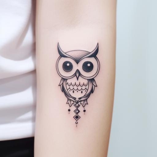 black and white minimalistic owl tattoo with big eyes and looks cute