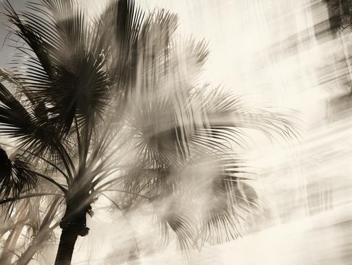 black and white palm tree, black charcoal drawn, sepia leaves, multiple exposure, blurred, shadows, abstract --ar 4:3