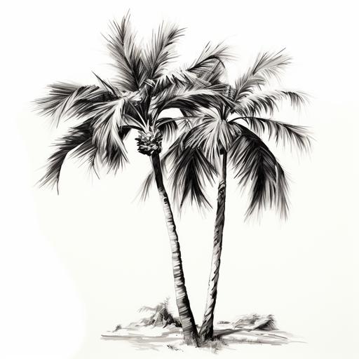 black and white palm tree drawing, clustered together, white background